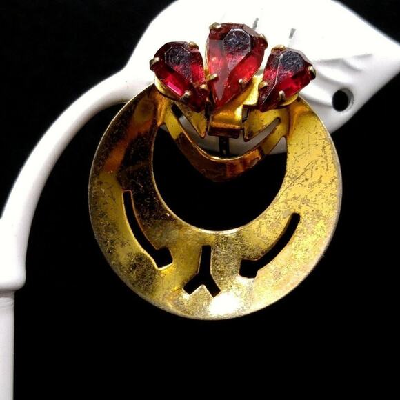Vintage Sterling Red Rhinestone Dangle Screw Back Earrings, 1940s, Gold Wash - Picture 3 of 9